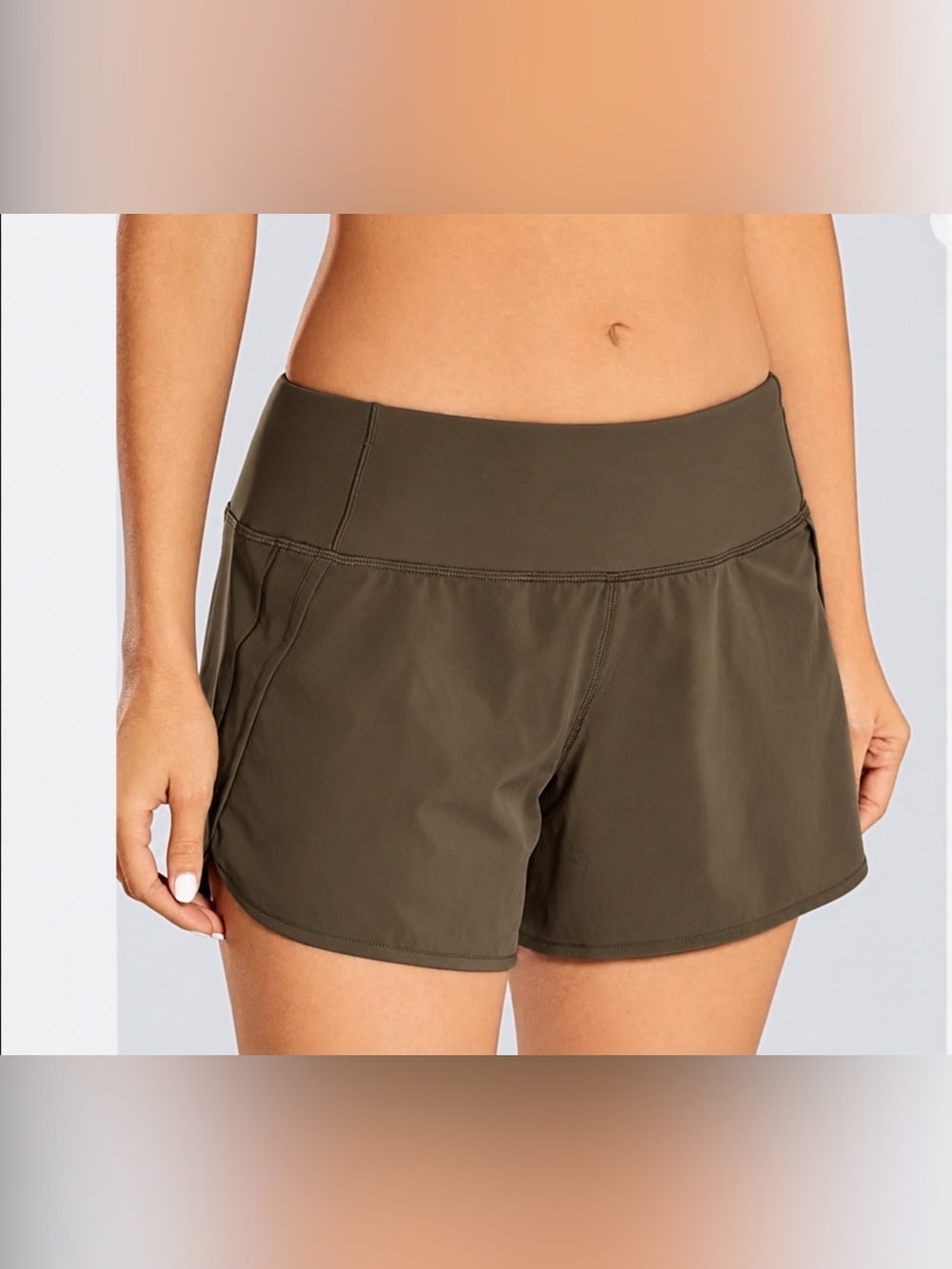 CRZ YOGA Women’s Athletic Shorts Khaki Olive Zip Pocket Size M